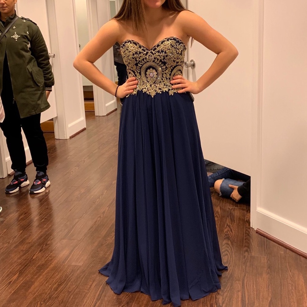 NWT Dark Blue Prom Dress with Gold Accents